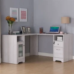 Ghally Locking Drawer L-Shape Desk With USB Ports White Oak - MiBasics