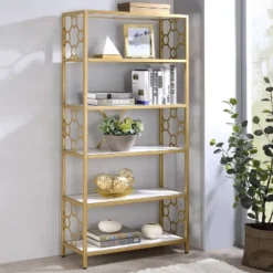 63" Fahan 6 Shelf Bookcase White/Gold - MiBasics