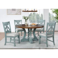 5pc Lexin Round Dining Table Set Antique Light Blue/Dark Oak - MiBasics