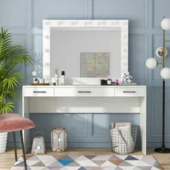 2pc Grayde 3 Drawer Vanity Table And Mirror Set With Bulbs And USB Ports Luminous White - MiBasics