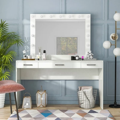 2pc Grayde 3 Drawer Vanity Table And Mirror Set With Bulbs And USB Ports Luminous White - MiBasics