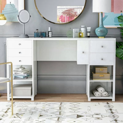 Linsell Glam 6 Drawer Vanity Table Luminous White - MiBasics