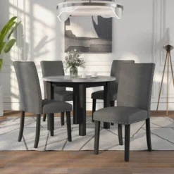 5pc Kellum Contemporary Round Dining Set White/Brushed Brown Gray/Light Gray - MiBasics