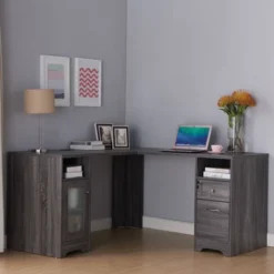 Ghally Locking Drawer L-Shape Desk With USB Ports Dark Gray - MiBasics