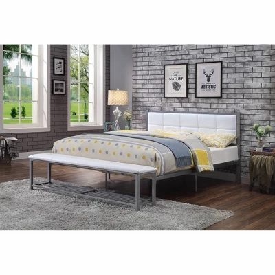 Queen Prunda Padded Headboard Platform Bed With Bench White/Silver - MiBasics